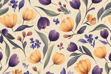 Obraz premium A vintage-inspired floral pattern with tulips and violets in soft tones on a cream canvas.