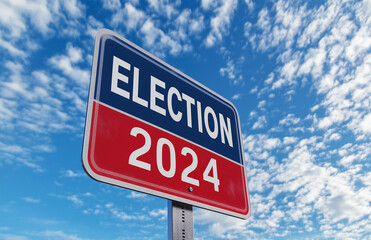A close-up of a "Election 2024" sign against a bright, blue sky with scattered clouds.