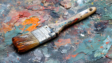 Closeup of an old paintbrush on a colorful palette.