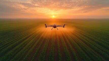 Fototapeta premium A drone flies over a field of crops at sunset.
