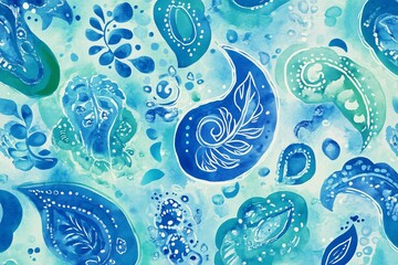 A vivid watercolor paisley pattern with intricate details in vibrant blues and greens.