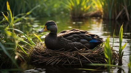 Fototapeta premium Drone photography reveals Black Duck nest hidden in Lake Grass.
