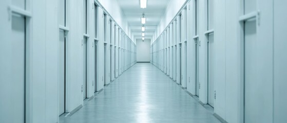 A stark, minimalist hallway in a correctional facility, lined with solitary confinement cells and bright overhead lights