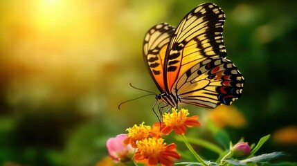 Fototapeta premium A striking butterfly perched on colorful blooms, basking in golden sunlight with a lush green backdrop