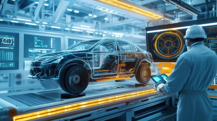 Obraz premium An engineer monitors an automated assembly line with a transparent car model displayed on a digital interface