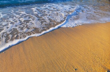 Sea waves and sandy beach in coastline in sunset