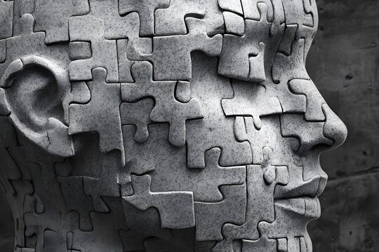 abstract human head figure made of gray puzzle pieces, representing bad mental health
