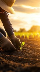 Farmer carefully planting seedlings in fertile soil at sunset, emphasizing eco-friendly farming techniques