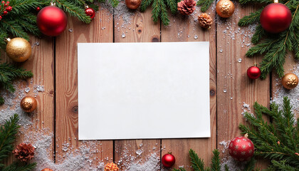 Flat lay Christmas composition. Paper blank, spruce branches, christmas decorations on Colored background. Top view, copy space for text.