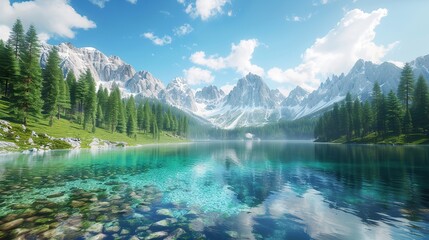 Fototapeta premium A mountain lake with crystal clear water and surrounding pine forests