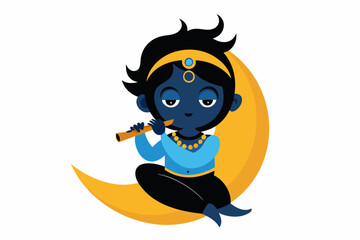 Beautiful krishna sitting on the moon silhouette black filled vector Illustration icon