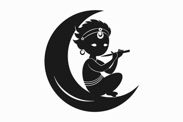 Beautiful krishna sitting on the moon silhouette black filled vector Illustration icon