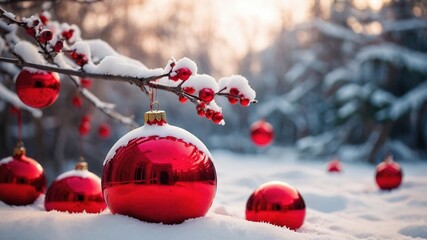 "Festive Red Christmas Balls Decorating Snowy Landscape"