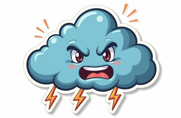 Storm cloud character with cartoon angry face. Groovy sticker with Thunder and lightning symbol. Weather icon. Emoji expression. Retro Vector illustration on white background