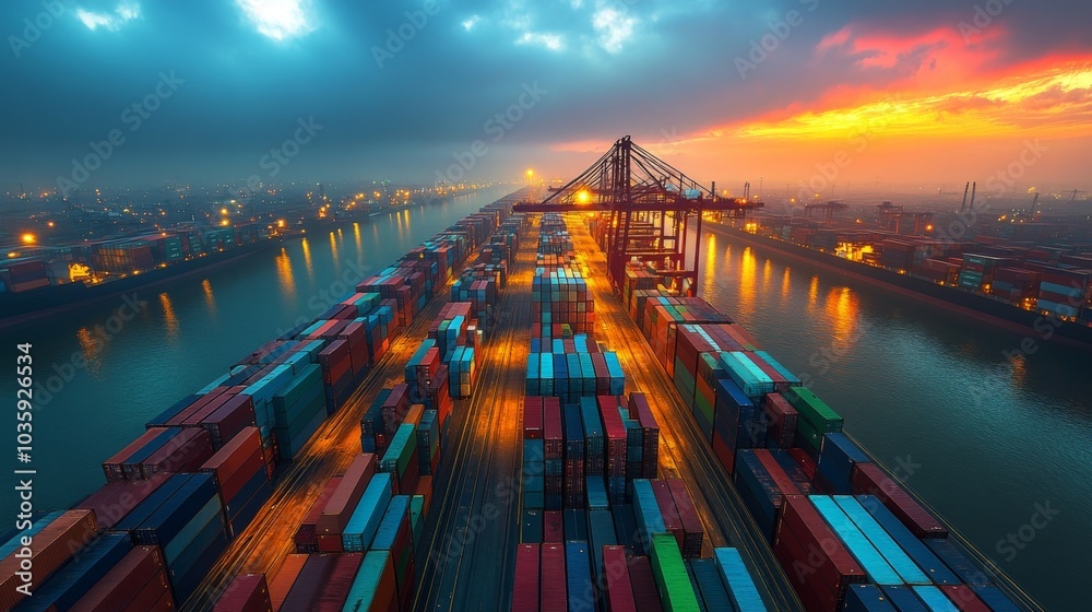 Poster the bustling port comes alive at twilight as cargo containers are stacked high along the docks, illu
