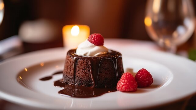 A decadent chocolate lava cake oozing with molten ganache, served on a pristine white plate, Cake centered