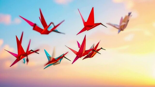 A colorful array of origami cranes flying against a serene sunset backdrop.