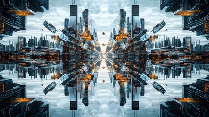 Fototapeta premium Futuristic symmetrical cityscape with reflections and skyscrapers