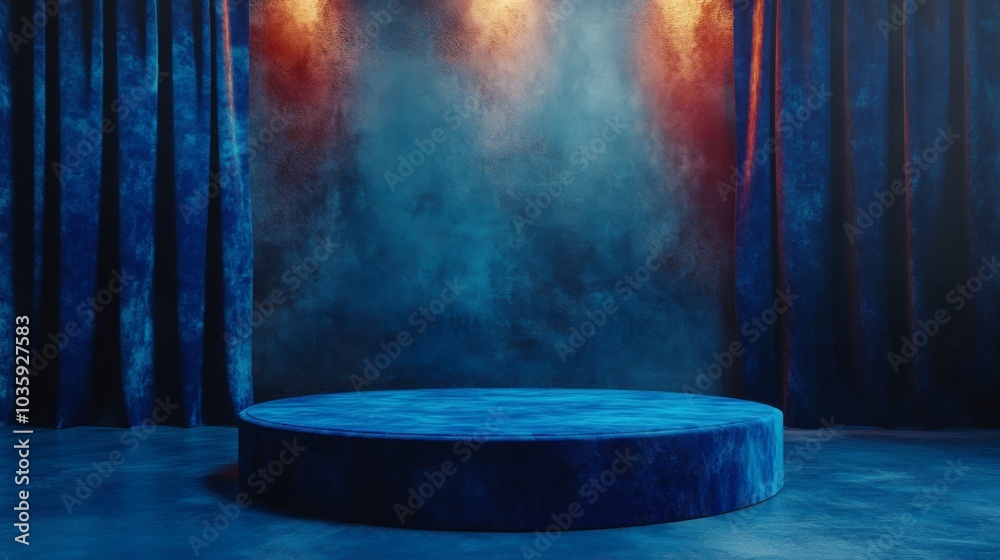 Poster the setting features a round, blue platform surrounded by deep blue curtains, illuminated by warm li