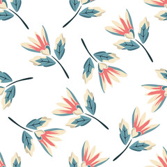 Fototapeta premium Cute floral pattern. Seamless vector texture. An elegant template for fashionable prints. Print with small white flowers and blue leaves. 