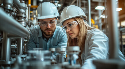 
Two male and female engineers wearing white safety helmets and glasses, looking at an organic scale surrounded by metal pipes in the laboratory of the same plant.