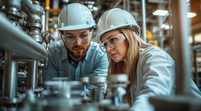 
Two male and female engineers wearing white safety helmets and glasses, looking at an organic scale surrounded by metal pipes in the laboratory of the same plant.
