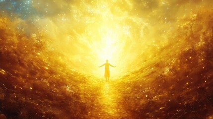 A pathway of spiritual growth illuminated by warm, golden light, with a person standing at the beginning of the path, arms outstretched towards the horizon