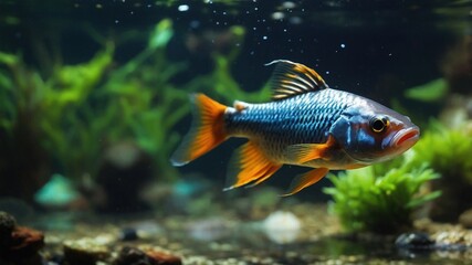 Fototapeta premium Freshwater aquariums foster the growth of Enteromius rohani juveniles.