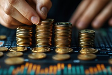 Businessman placing a stack of coins on a table with a graph, close-up view
