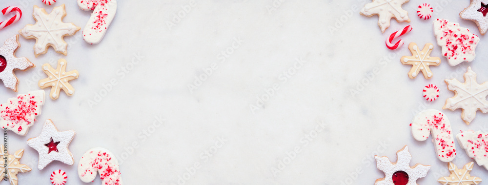 Poster christmas baking double border with a collection of red and white theme cookies and candies. overhea