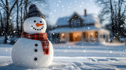 Naklejka premium A snowman with a hat and scarf stands in front of a house. The scene is set in a snowy landscape, with the snowman being the main focus of the image. The house in the background adds a sense of warmth
