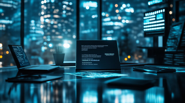 Working office desk, laptop on the desk, evening city in the background, shades of blue