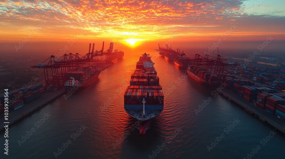 Poster as the sun sets over a bustling port, container ships glide through the waterway while cranes stand 