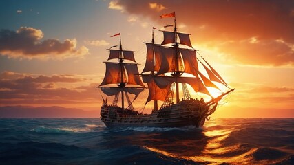 Fototapeta premium **Galleon Sunset: 3D Animated Sailing Ship with Bokeh**