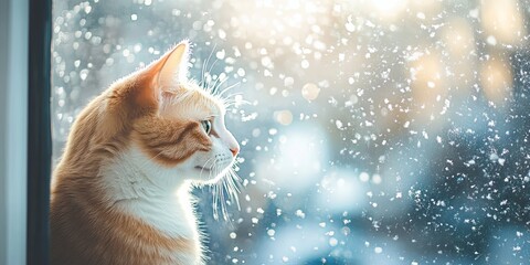Orange and White Cat Looking Out Window in Winter Snow