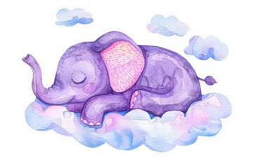 Purple elephant is sleeping on a cloud