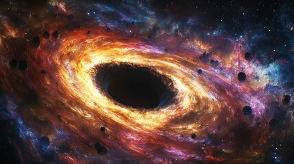 Swirling colors of orange and purple dance around a central black void in the cosmos