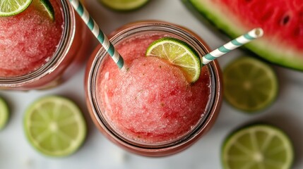 Two vibrant slushes topped with lime slices beckon on a warm day