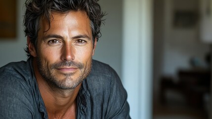 A warm, inviting atmosphere highlights the man's confident and approachable demeanor