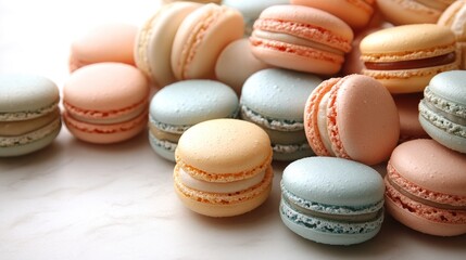 Obraz premium Sweet and colorful macarons in pastel shades create an enticing dessert display