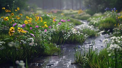Naklejka premium A peaceful meadow with a small stream and wildflowers in bloom