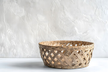 Empty straw, rattan wicker basket on white background Bamboo basket, Storage basket