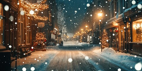 Snowy Street with Christmas Lights and Festive Atmosphere