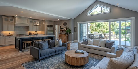 Fototapeta premium Modern Living Room with Open Floor Plan and Kitchen Island
