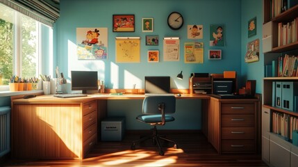 A bright and sunny home office with two desks, a bookshelf, and a window.