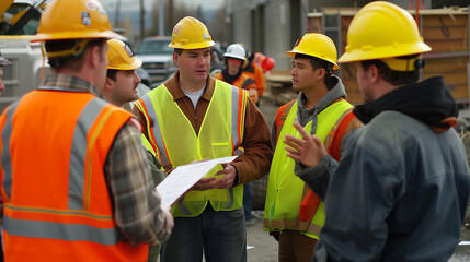 Group of construction workers in hard hats and safety vests having a discussion.