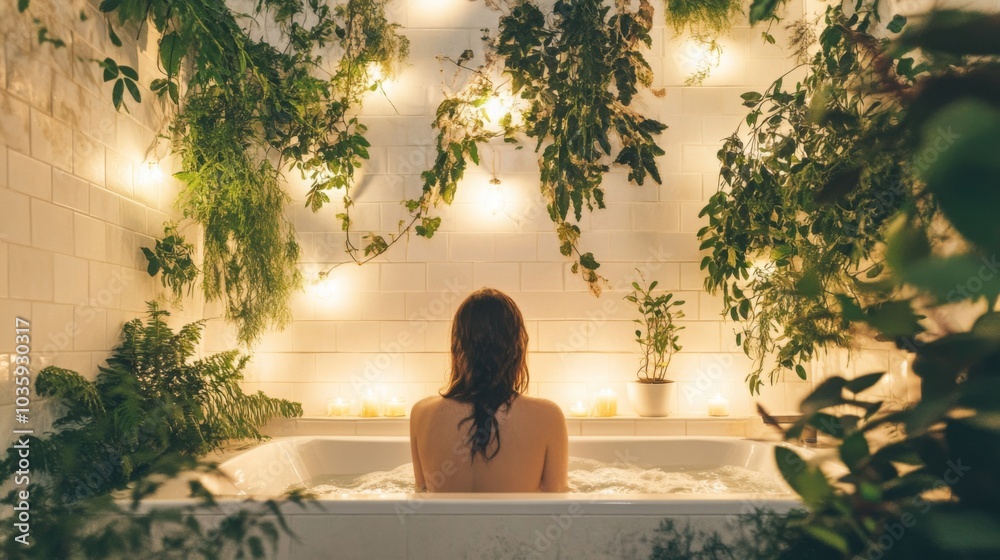 Aufkleber a person enjoys a peaceful soak in a cozy bath, surrounded by lush greenery and soft, glowing lights