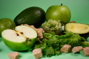 still life of green vegetables. healthy products. smoothie set. body cleansing