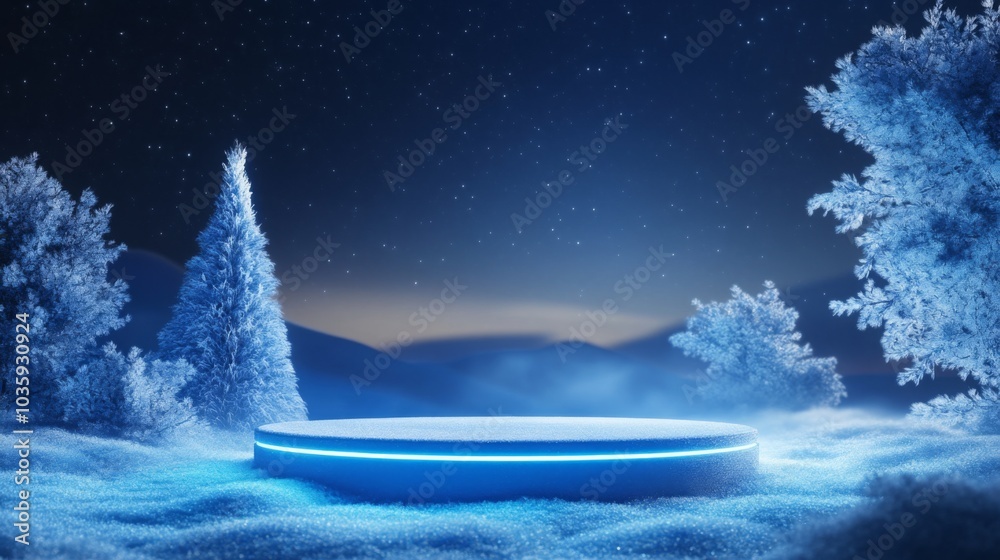 Poster Under a starlit sky, a tranquil winter scene features a luminous circular platform nestled amidst snow-covered trees. The frost glimmers, creating a peaceful and enchanting atmosphere.