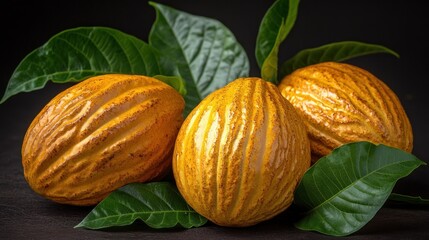 Three exotic fruits glisten amidst vibrant green leaves, showcasing their rich colors